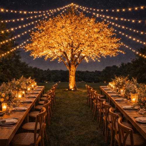 Arbre lumineux avec guirlandes blanc chaud pour dîner et réception événementielle