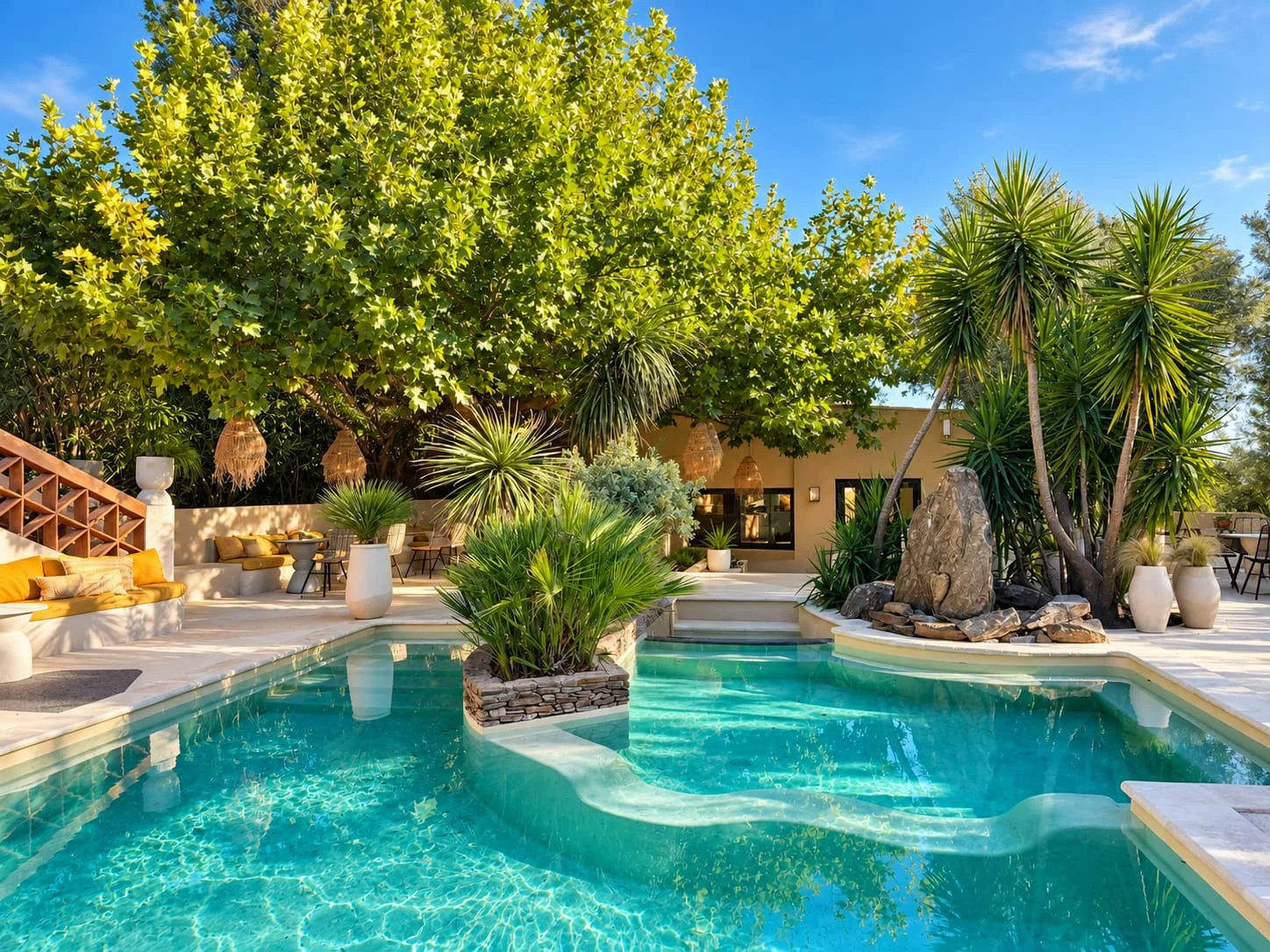 Hameau Ouf à Grimaud – Séminaires et événements - N1 Événement Piscine entourée de palmiers et espaces de réception