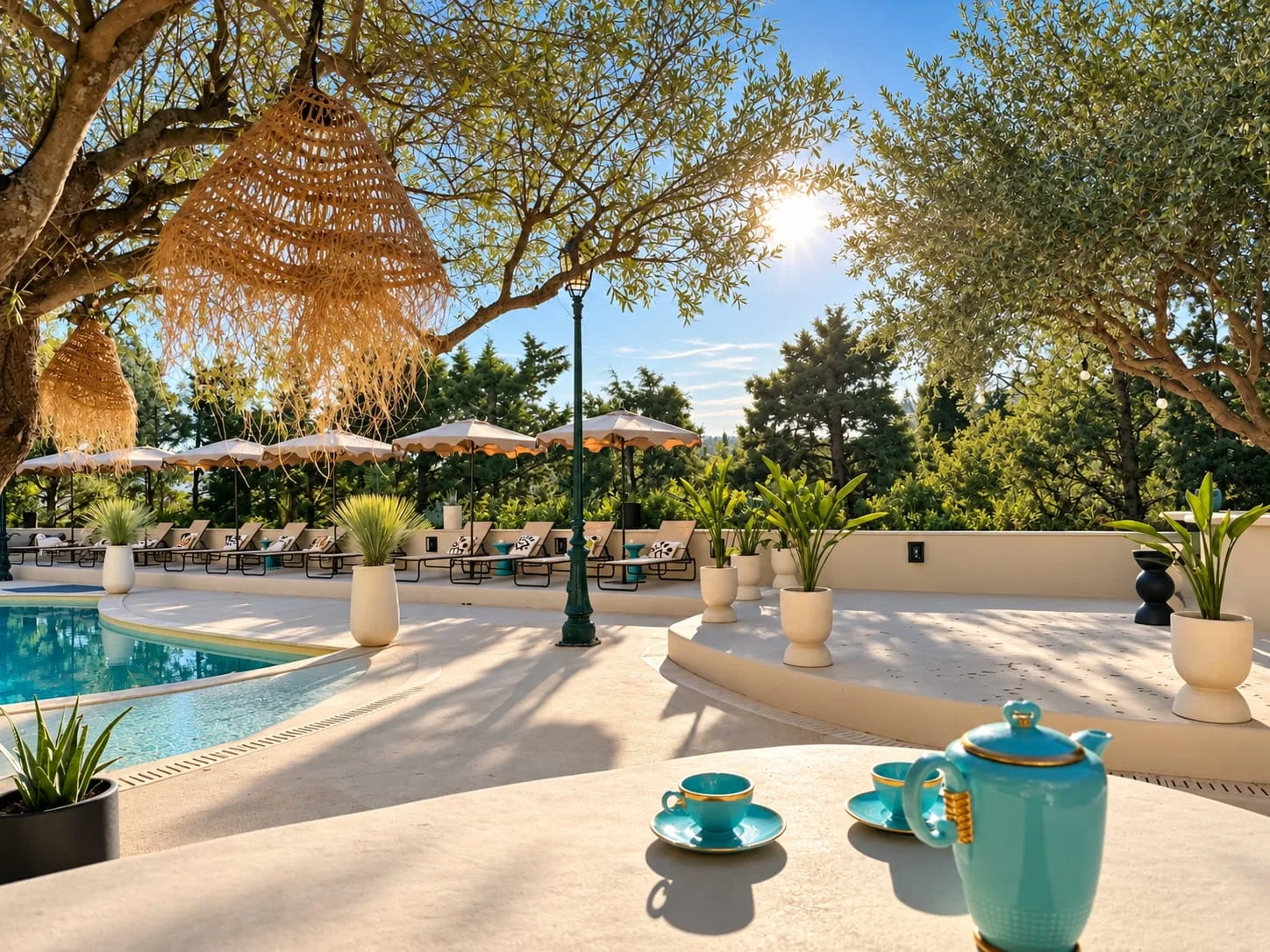 Hameau Ouf à Grimaud – Séminaires et événements - N1 Événement Terrasse ensoleillée avec vue sur la piscine du Hameau Ouf