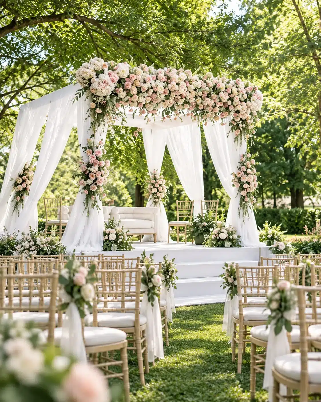 Houppa fleurie blanche et rose pour cérémonie de mariage dans un jardin