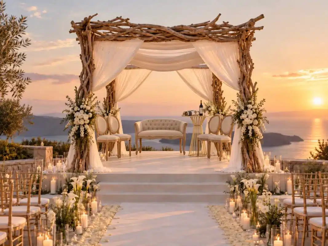 Location houppa en bois flotté avec voilage et décoration florale pour cérémonie de mariage