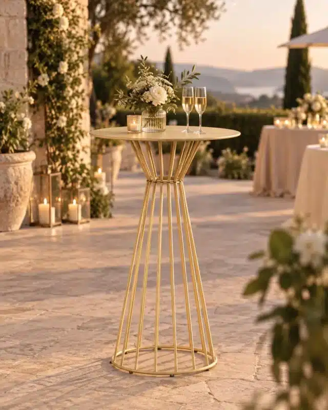 Location mange-debout doré Ø 70 cm pour mariage et cocktail sur la Côte d’Azur