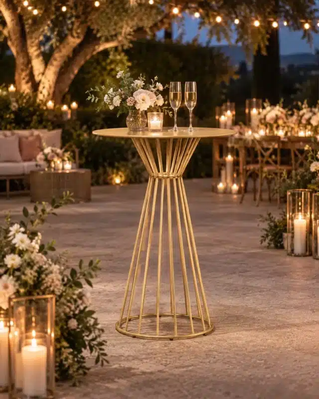 Table cocktail dorée en location pour une réception de mariage en soirée