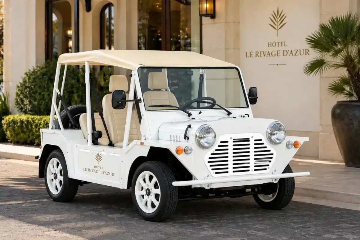 Moke blanche en location pour hôtel et conciergerie de luxe