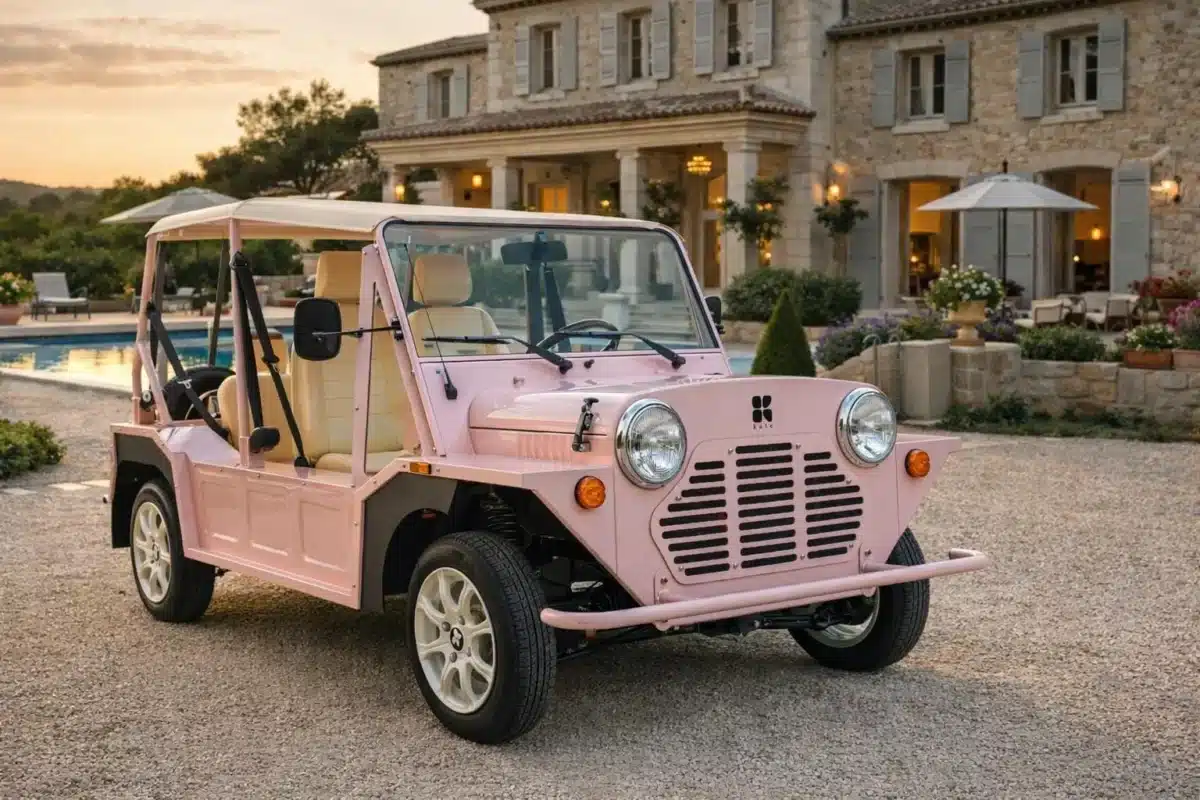 Location de Moke rose devant une villa en Provence